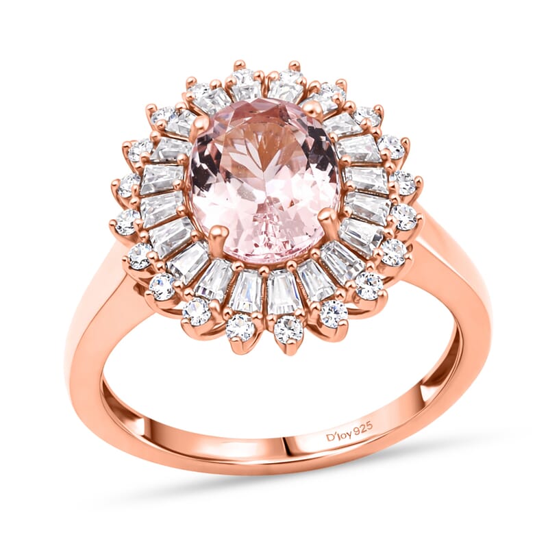 D'Joy Premium Pink Morganite and Moissanite 2.25 ctw Love Bloom Halo Ring in 18K Vermeil Rose Gold Over Sterling Silver (Size 7.0)