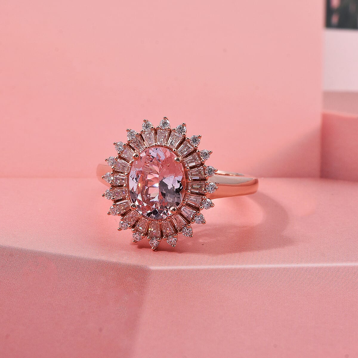 D'Joy Premium Pink Morganite and Moissanite 2.25 ctw Love Bloom Halo Ring in 18K Vermeil Rose Gold Over Sterling Silver (Size 7.0) image number 1