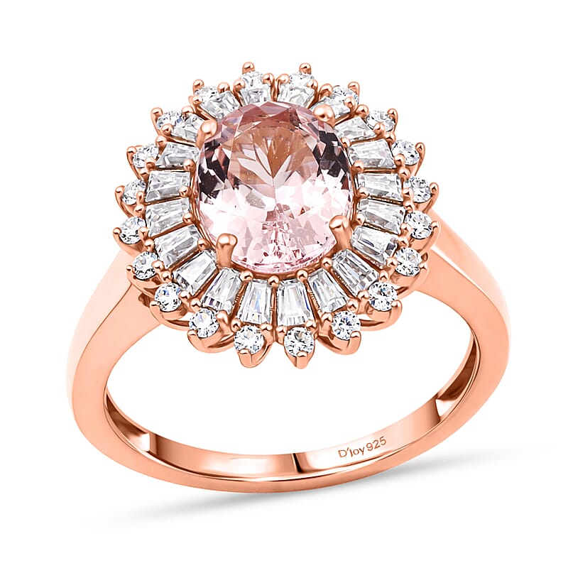 D'Joy Premium Pink Morganite and Moissanite 2.25 ctw Love Bloom Halo Ring in 18K Vermeil Rose Gold Over Sterling Silver (Size 8.0)
