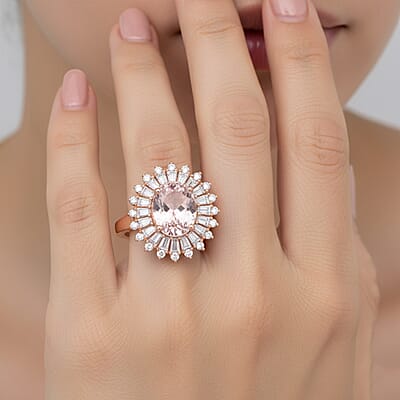 D'Joy Premium Pink Morganite and Moissanite 2.25 ctw Love Bloom Halo Ring in 18K Vermeil Rose Gold Over Sterling Silver (Size 9.0)