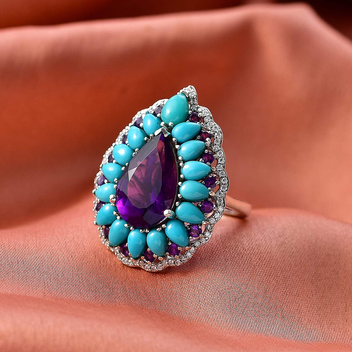 D'Joy Premium Lusaka Amethyst and Multi Gemstone 10.65 ctw Teardrop Petal Ring in Rhodium Over Sterling Silver (Size 10.0) image number 1