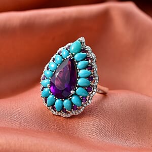 D'Joy Premium Lusaka Amethyst and Multi Gemstone 10.65 ctw Teardrop Petal Ring in Rhodium Over Sterling Silver (Size 10.0)