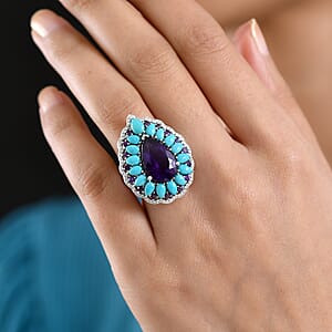 D'Joy Premium Lusaka Amethyst and Multi Gemstone 10.65 ctw Teardrop Petal Ring in Rhodium Over Sterling Silver (Size 10.0)