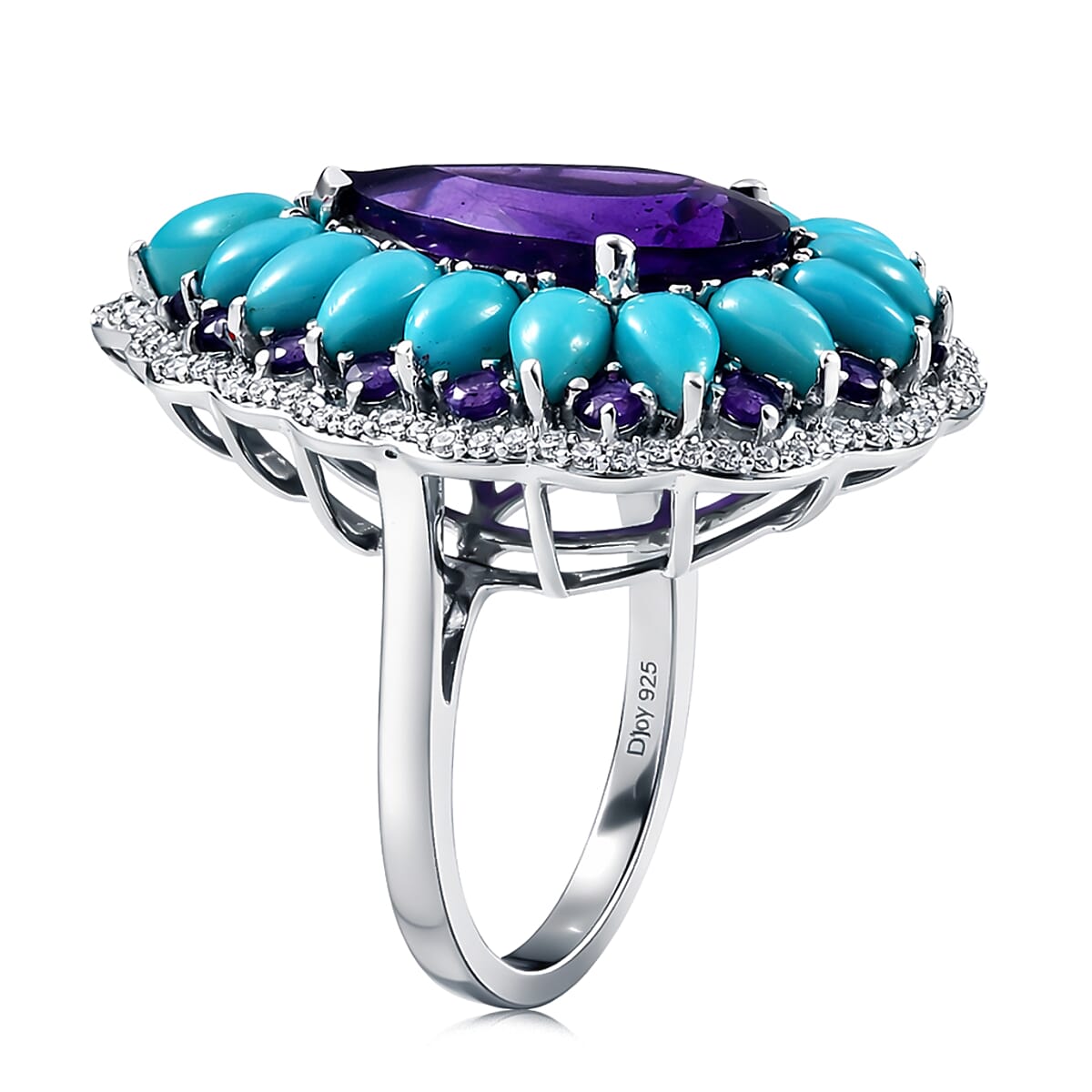 D'Joy Premium Lusaka Amethyst and Multi Gemstone 10.65 ctw Teardrop Petal Ring in Rhodium Over Sterling Silver (Size 10.0) image number 3