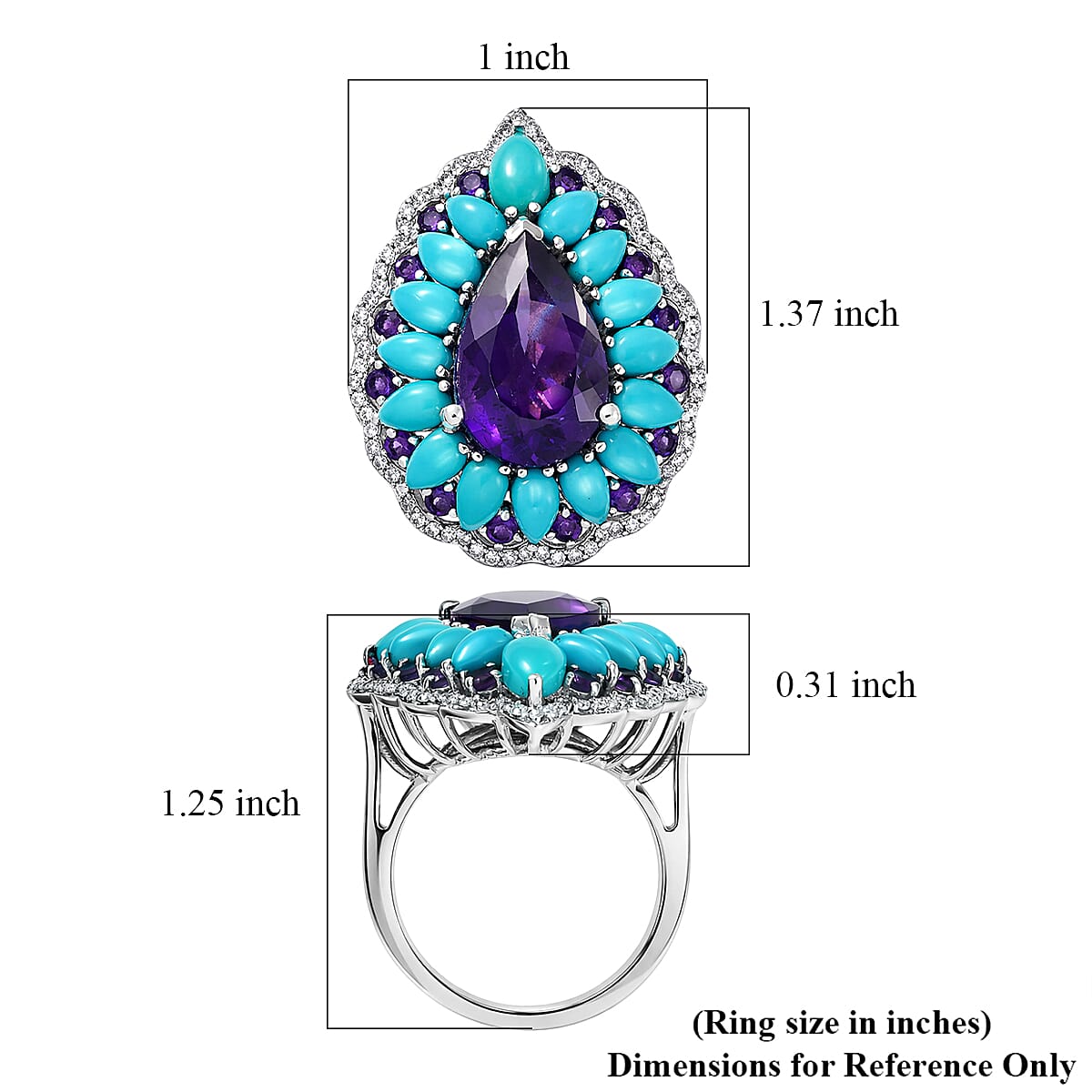 D'Joy Premium Lusaka Amethyst and Multi Gemstone 10.65 ctw Teardrop Petal Ring in Rhodium Over Sterling Silver (Size 10.0) image number 5