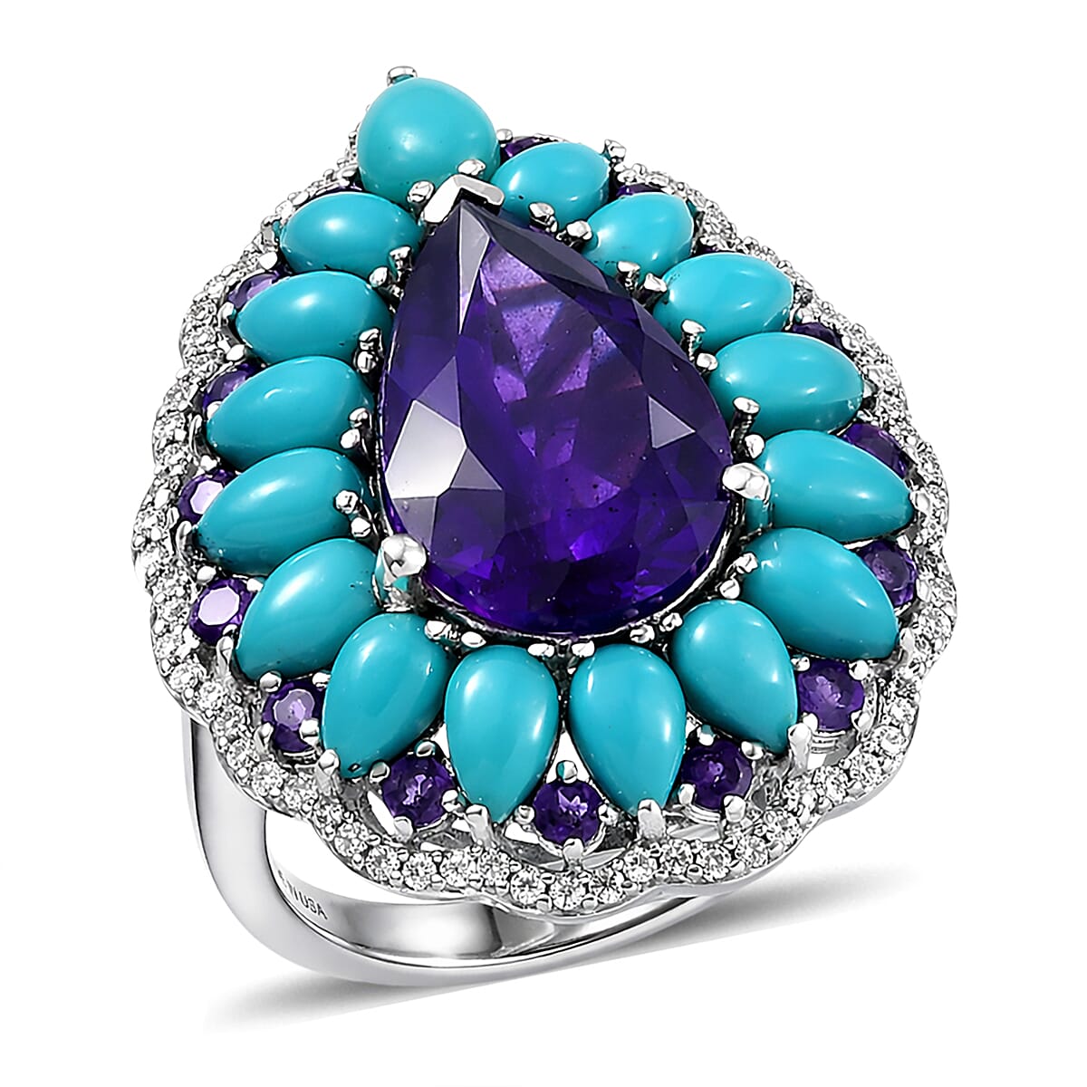 D'Joy Premium Lusaka Amethyst and Multi Gemstone 10.65 ctw Teardrop Petal Ring in Rhodium Over Sterling Silver