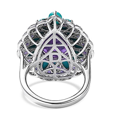 D'Joy Premium Lusaka Amethyst and Multi Gemstone 10.25 ctw Teardrop Petal Ring in Rhodium Over Sterling Silver (Size 7.0)