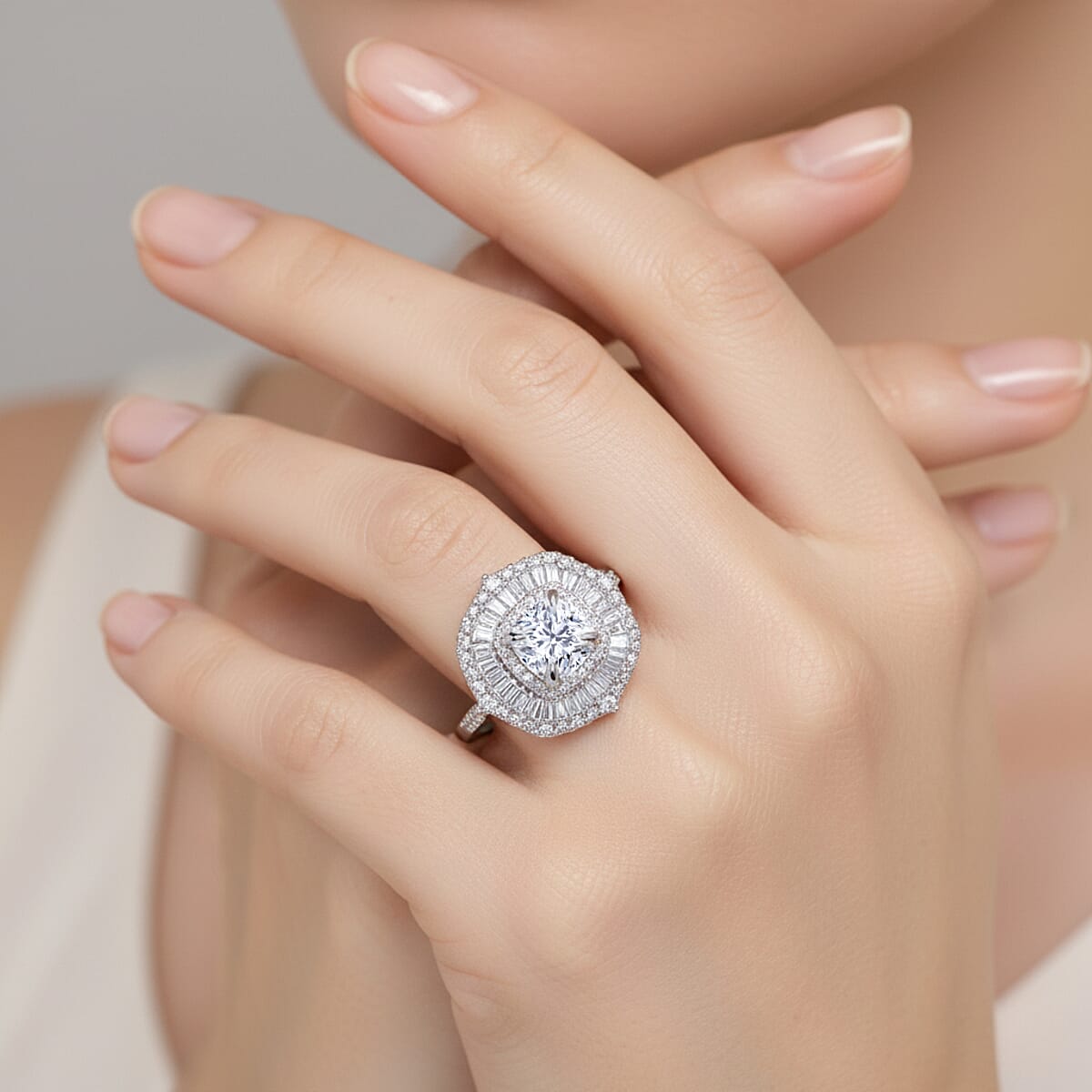 Luxuriant Lab Grown Diamond G-H SI 2.00 ctw Double Halo Ring in Rhodium Over Sterling Silver (Size 10.0) image number 2
