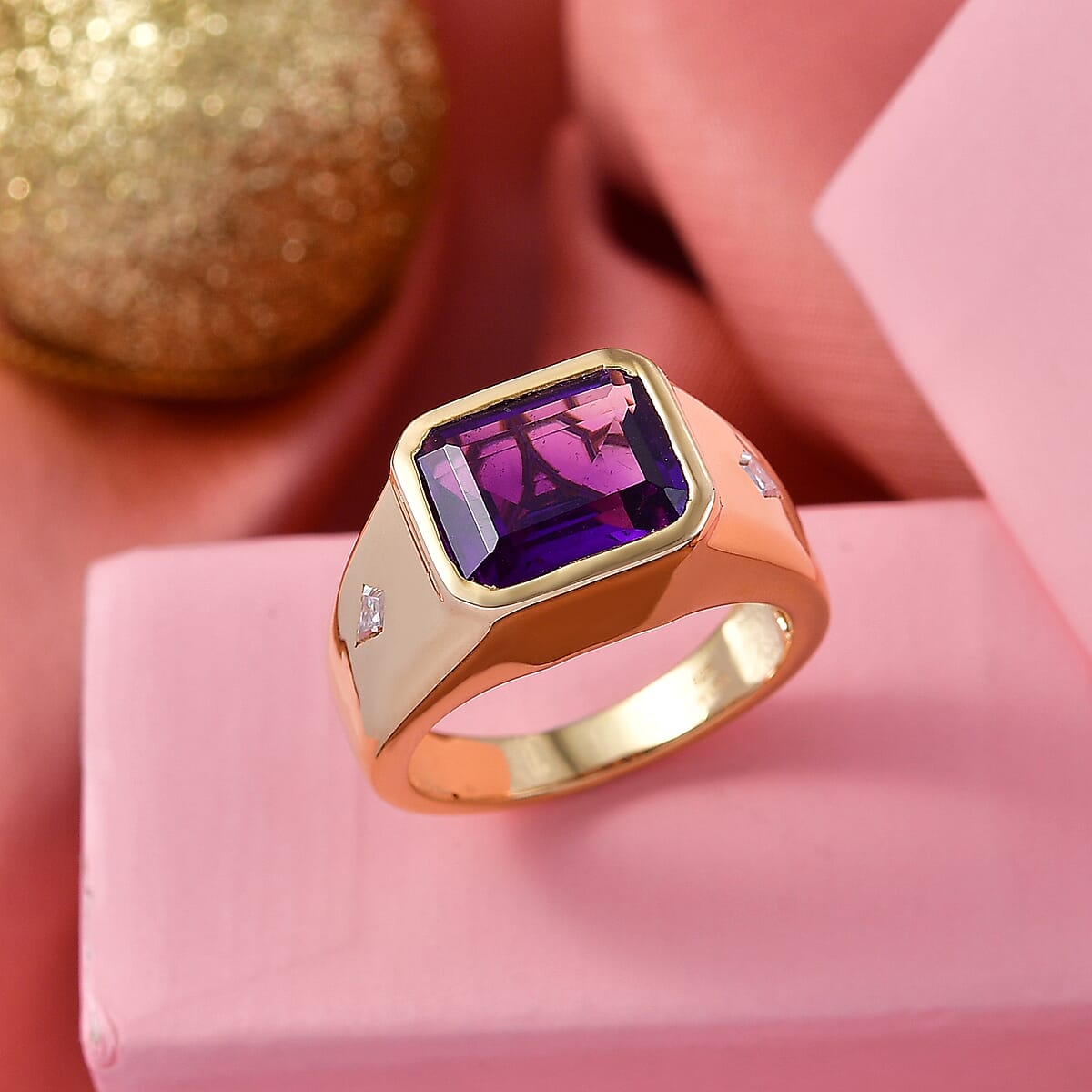 D'Joy Premium Lusaka Amethyst and Moissanite 6.00 ctw Men's Ring in 18K Vermeil Yellow Gold Over Sterling Silver (Size 14.0) image number 1