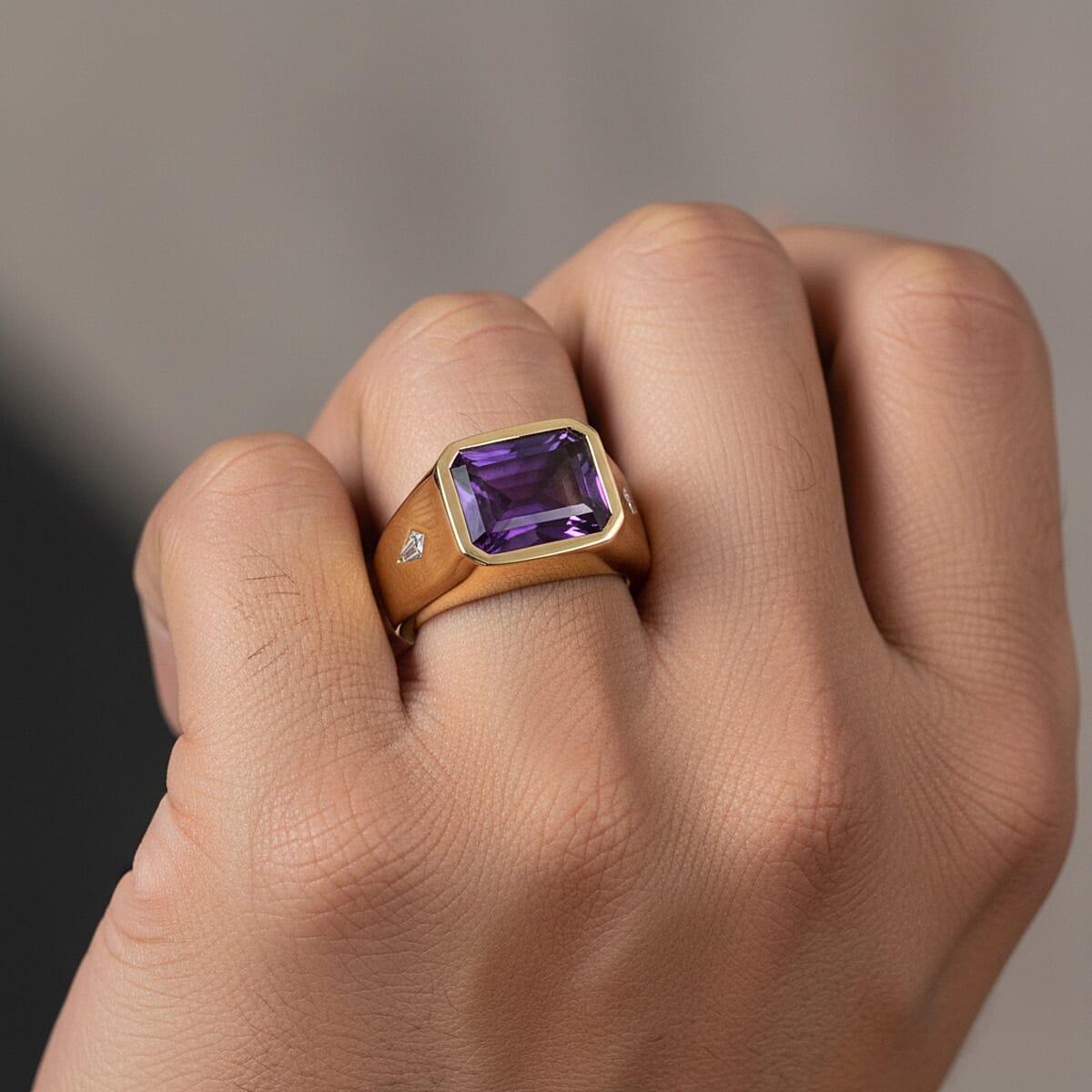 D'Joy Premium Lusaka Amethyst and Moissanite 6.00 ctw Men's Ring in 18K Vermeil Yellow Gold Over Sterling Silver (Size 14.0) image number 2
