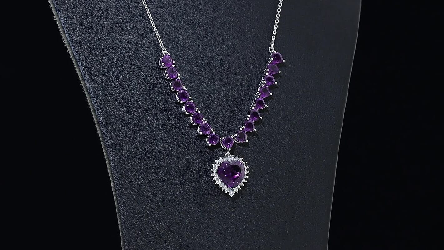 D'Joy Premium Lusaka Amethyst and Moissanite 13.00 ctw Bloom Cascade Necklace in Rhodium Over Sterling Silver 18-20 Inches