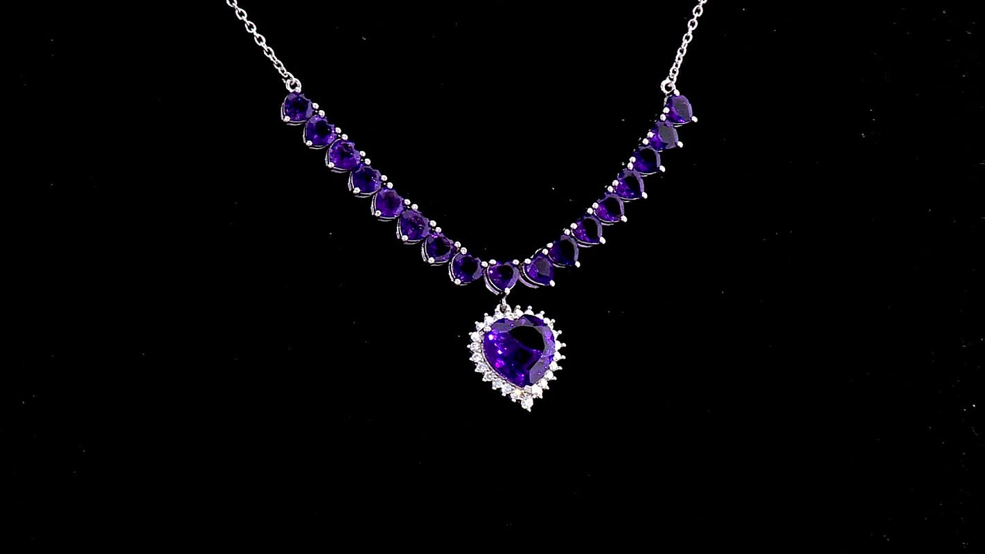D'Joy Premium Lusaka Amethyst and Moissanite 13.00 ctw Bloom Cascade Necklace in Rhodium Over Sterling Silver 18-20 Inches