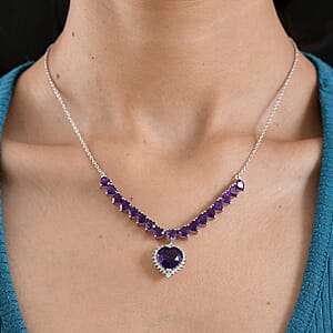 D'Joy Premium Lusaka Amethyst and Moissanite 13.00 ctw Bloom Cascade Necklace in Rhodium Over Sterling Silver 18-20 Inches