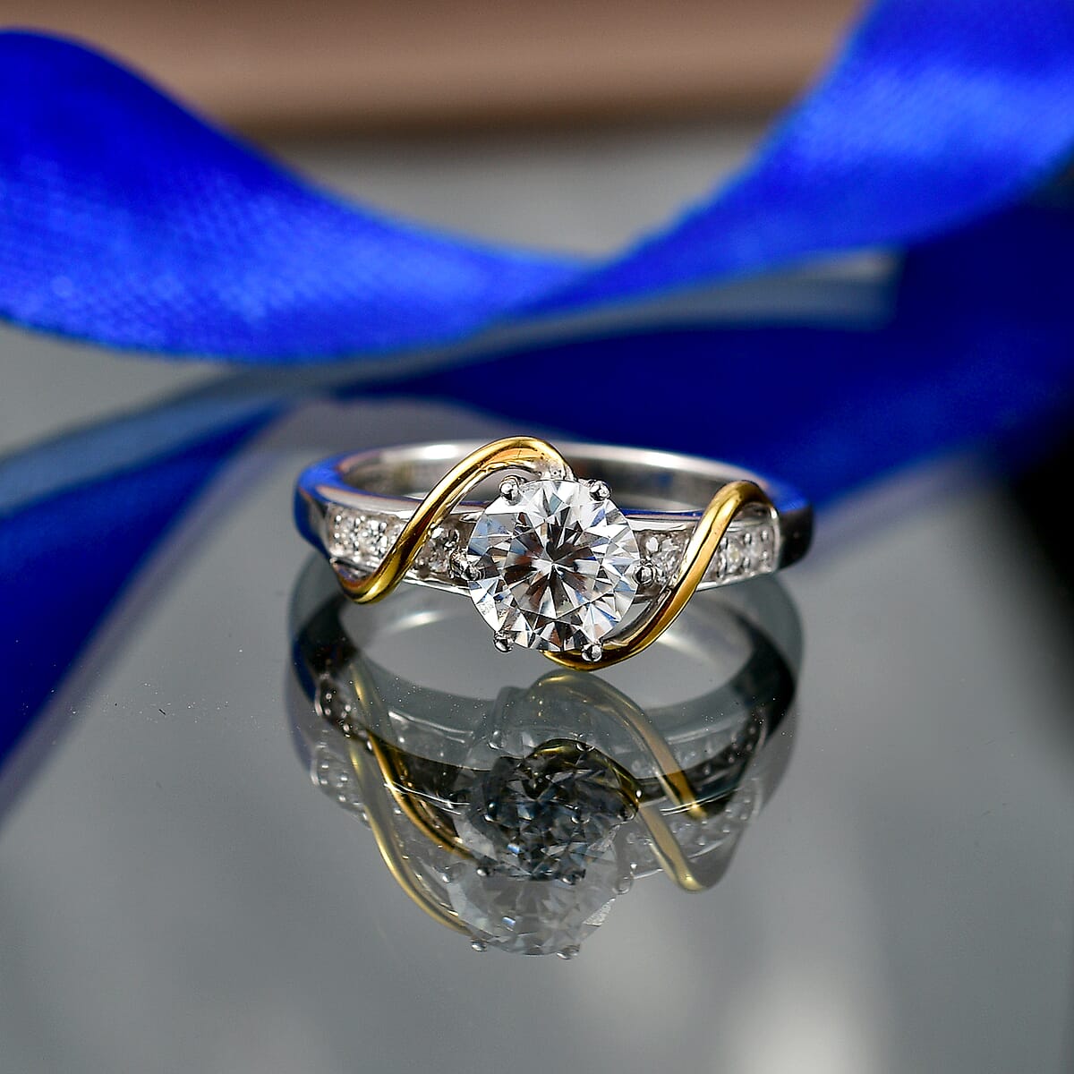 D'Joy Moissanite 1.10 ctw Ring in 18K Vermeil YG and Platinum Over Sterling Silver (Size 10.0) image number 1