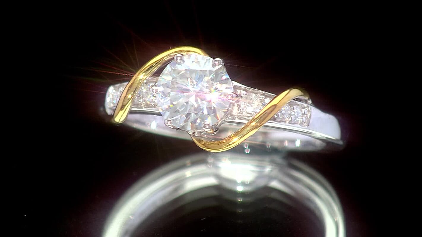D'Joy Moissanite (Rnd 6.5mm) Ring in 18K Vermeil YG and Platinum Over Sterling Silver (Size 10.0) 1.10 ctw
