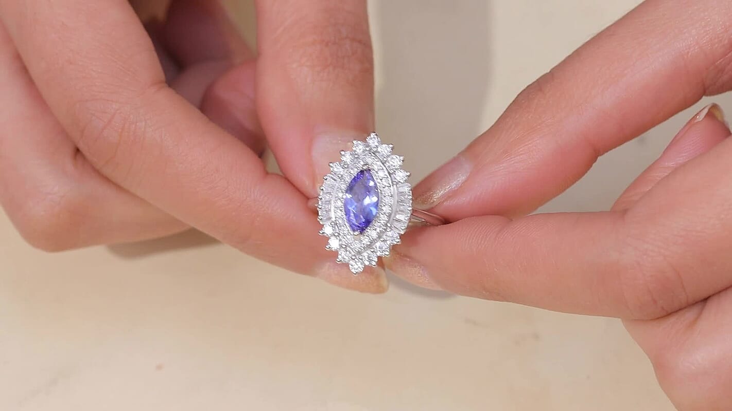 D'Joy Premium Tanzanite, Moissanite Blue Empress Ring in Rhodium Over Sterling Silver (Size 10.0) 2.70 ctw