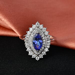 D'Joy Premium Tanzanite and Moissanite 2.70 ctw Blue Empress Ring in Rhodium Over Sterling Silver (Size 10.0)