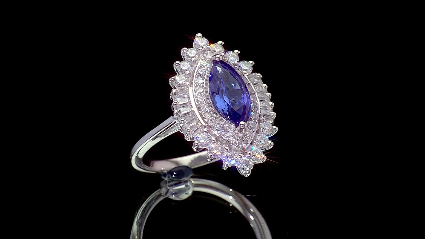 D'Joy Premium Tanzanite, Moissanite Blue Empress Ring in Rhodium Over Sterling Silver (Size 10.0) 2.70 ctw