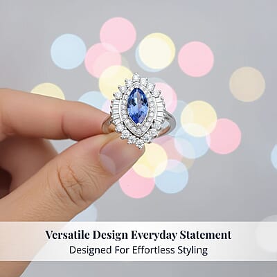 D'Joy Premium Tanzanite and Moissanite 2.70 ctw Blue Empress Ring in Rhodium Over Sterling Silver (Size 10.0)