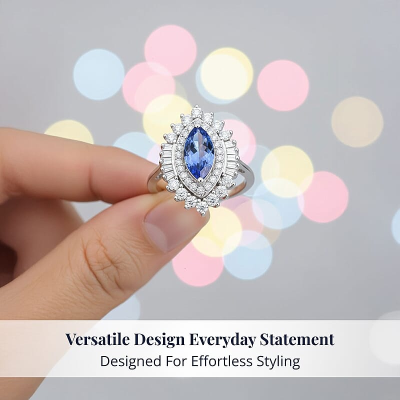 D'Joy Premium Tanzanite and Moissanite 2.70 ctw Blue Empress Ring in Rhodium Over Sterling Silver (Size 6.0)