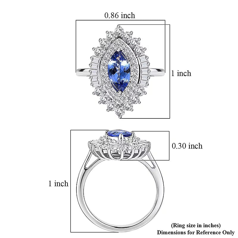 D'Joy Premium Tanzanite and Moissanite 2.70 ctw Blue Empress Ring in Rhodium Over Sterling Silver (Size 6.0)