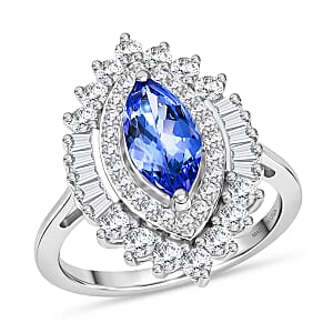 D'Joy Premium Tanzanite and Moissanite 2.70 ctw Blue Empress Ring in Rhodium Over Sterling Silver (Size 7.0)