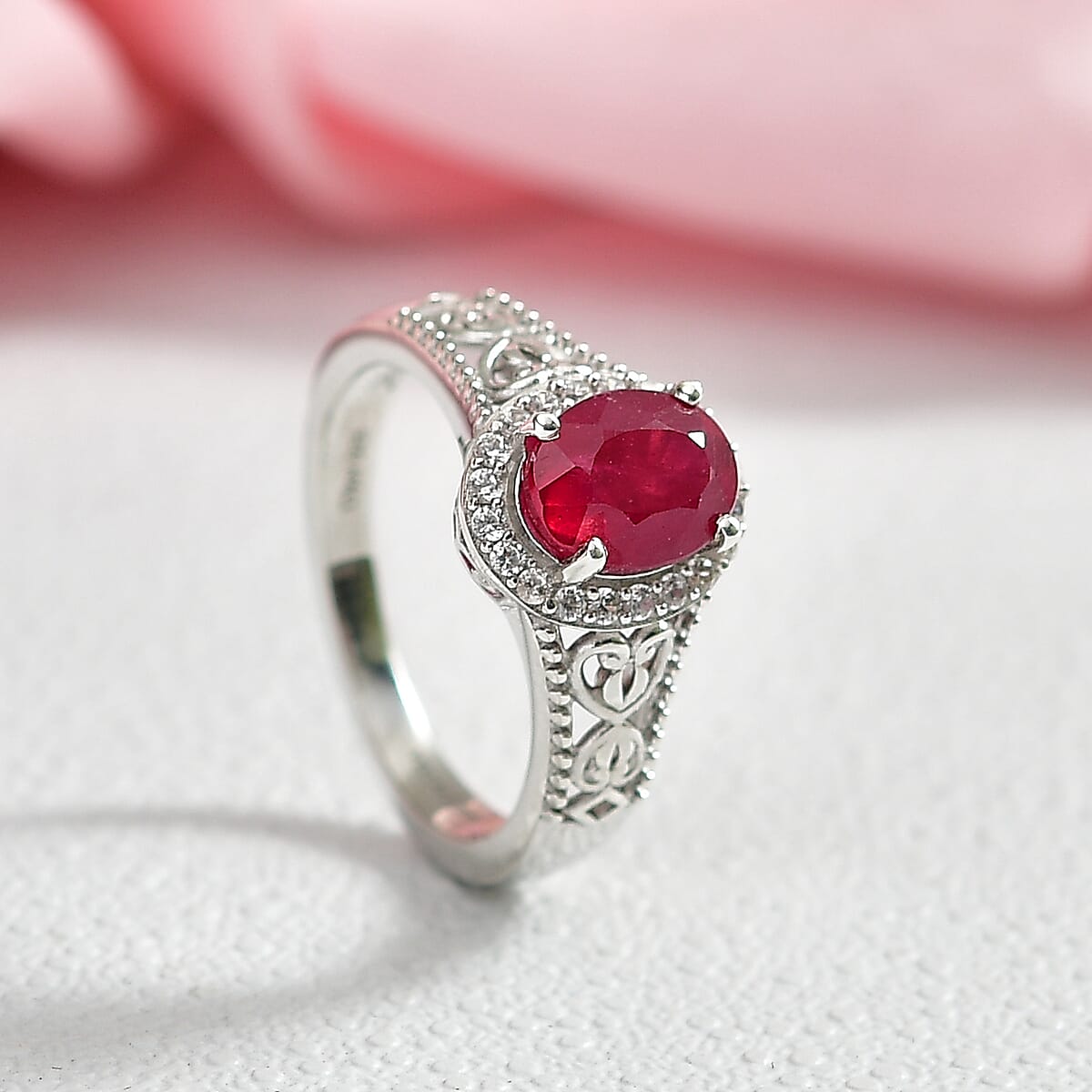 D'Joy Niassa Ruby (FF) and White Zircon 2.10 ctw Ring in Platinum Over Sterling Silver (Size 11.0) image number 1