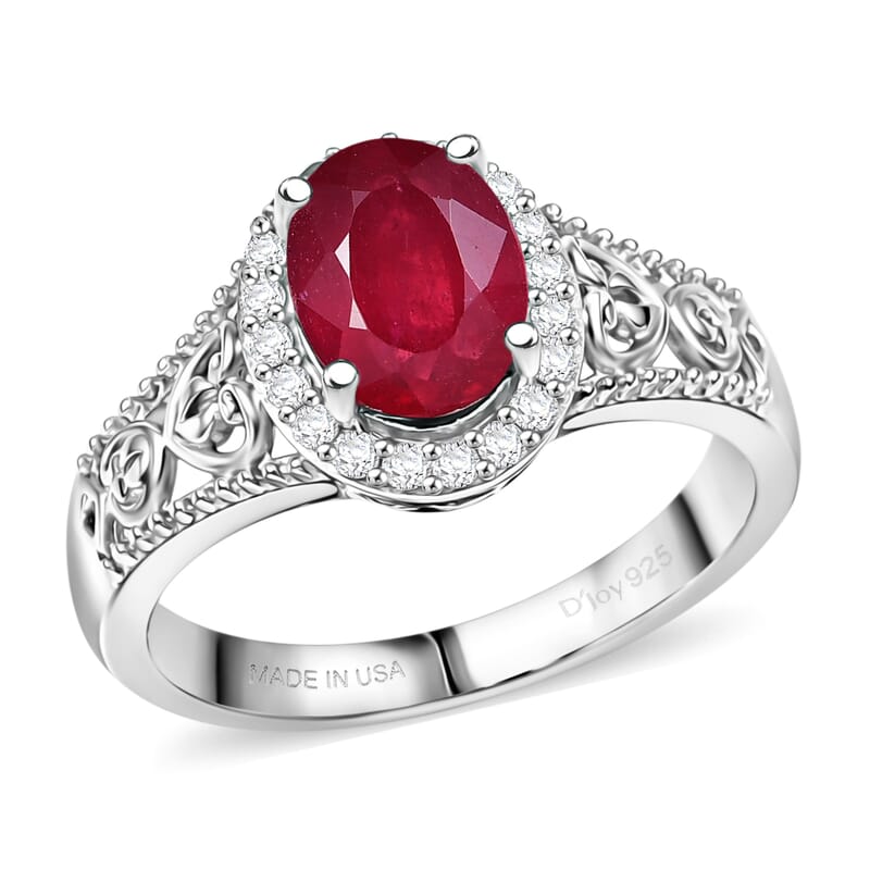 D'Joy Niassa Ruby (FF) and White Zircon 2.10 ctw Ring in Platinum Over Sterling Silver (Size 7.0)