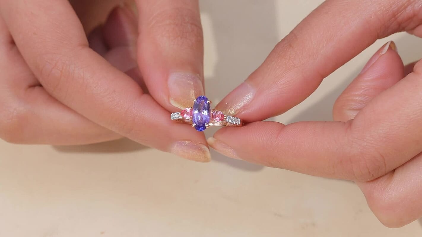 D'Joy Tanzanite, Multi Gemstone Blue Blush Ring in 18K Vermeil RG Over Sterling Silver (Size 6.0) 1.85 ctw