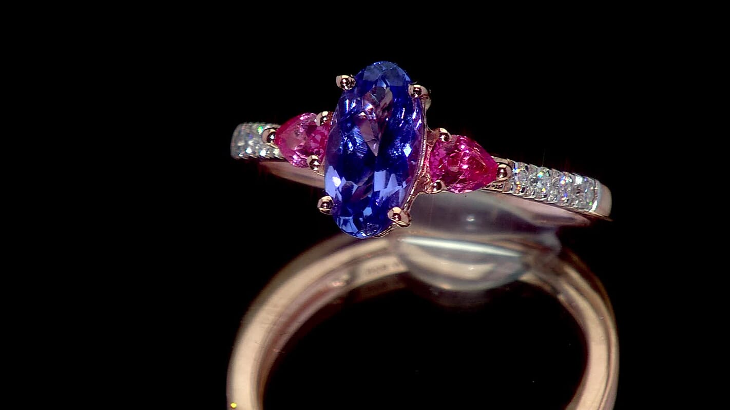D'Joy Tanzanite, Multi Gemstone Blue Blush Ring in 18K Vermeil RG Over Sterling Silver (Size 6.0) 1.85 ctw