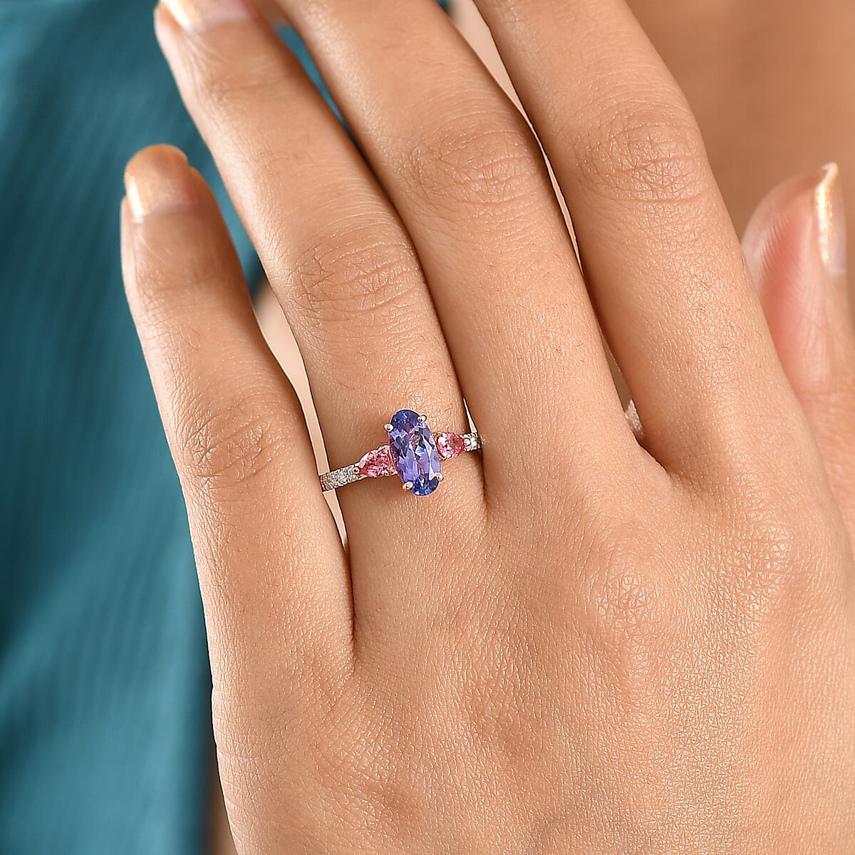 D'Joy Tanzanite and Multi Gemstone 1.85 ctw Blue Blush Ring in 18K Vermeil Rose Gold Over Sterling Silver (Size 8.0) image number 2