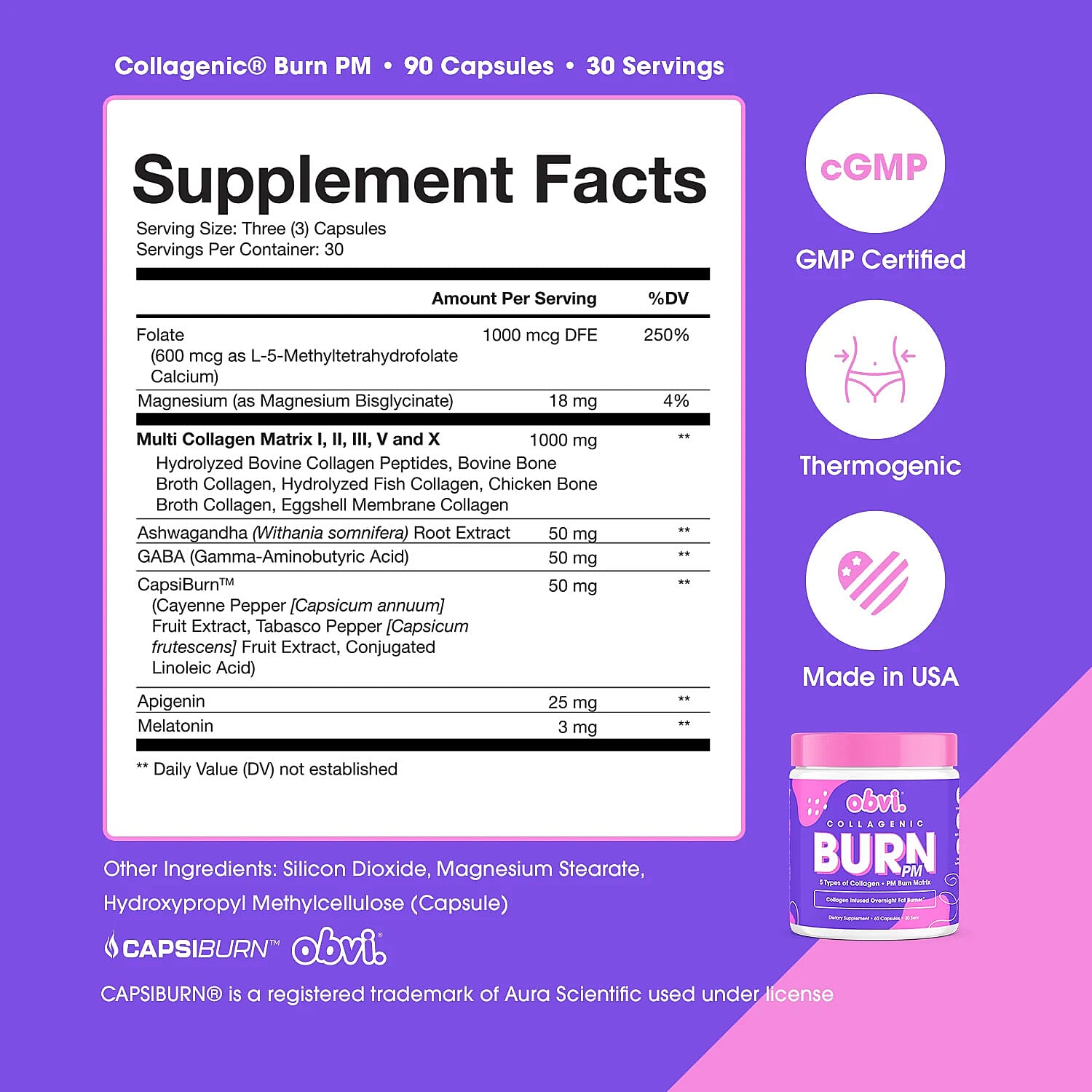 Obvi Collegenic Burn PM Overnight Fat Burner Dietary Supplement (90x2 Capsules, 60 Serv) Made in US