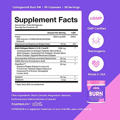 Obvi Collegenic Burn PM Overnight Fat Burner Dietary Supplement (90x2 Capsules, 60 Serv) Made in US