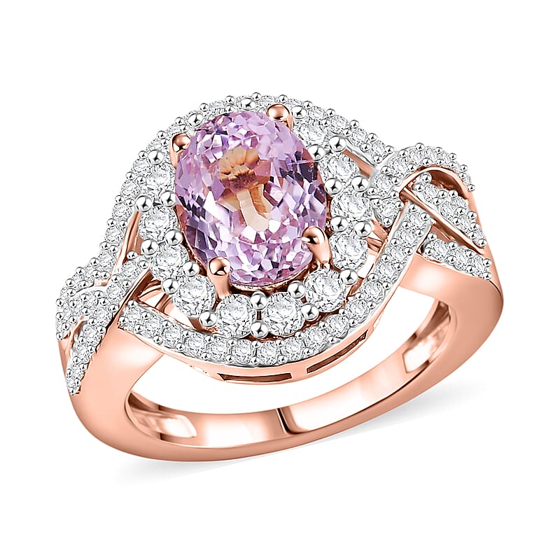 D'Joy Premium Martha Rocha Kunzite and White Zircon 3.90 ctw Beaded Mirror Ring in 18K Vermeil Rose Gold Over Sterling Silver (Size 10.0)