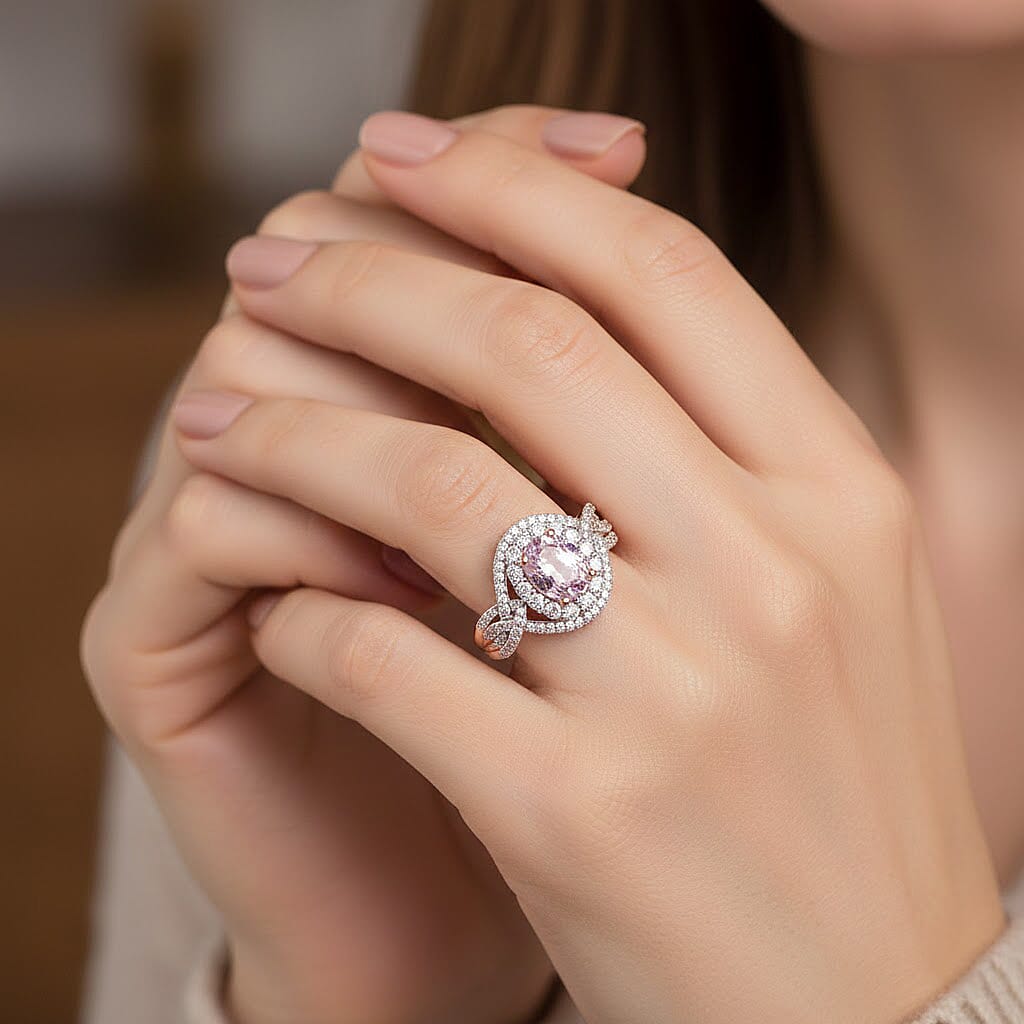 D'Joy Premium Martha Rocha Kunzite and White Zircon 3.90 ctw Beaded Mirror Ring in 18K Vermeil Rose Gold Over Sterling Silver (Size 7.0)