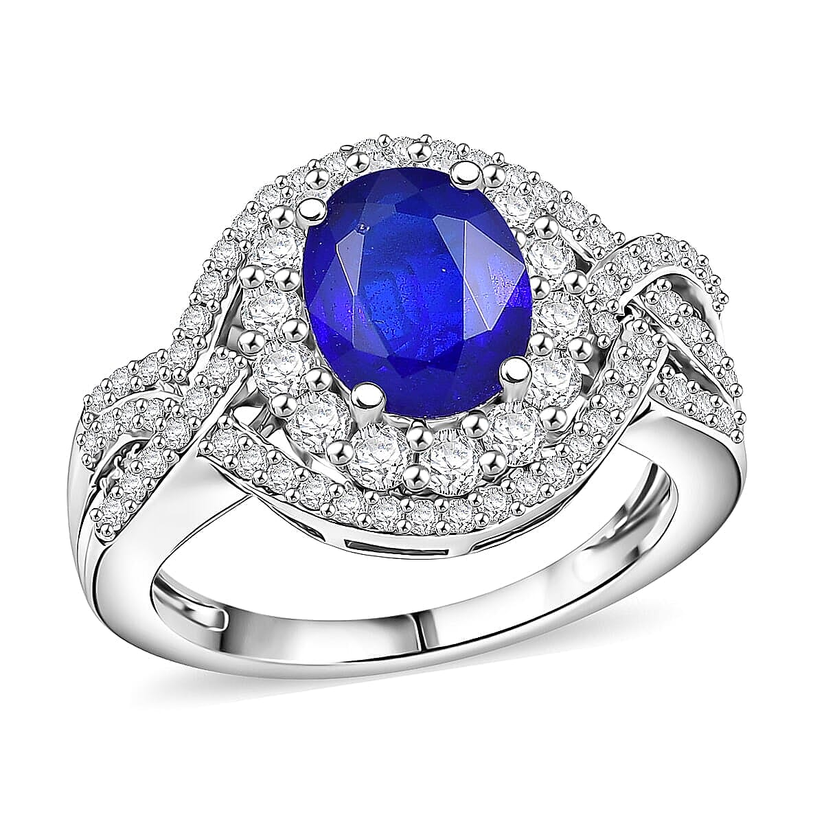 TLV D'Joy Premium Tanzanian Blue Spinel, White Zircon Ring in Rhodium Over Sterling Silver (Size 6.0) 3.70 ctw