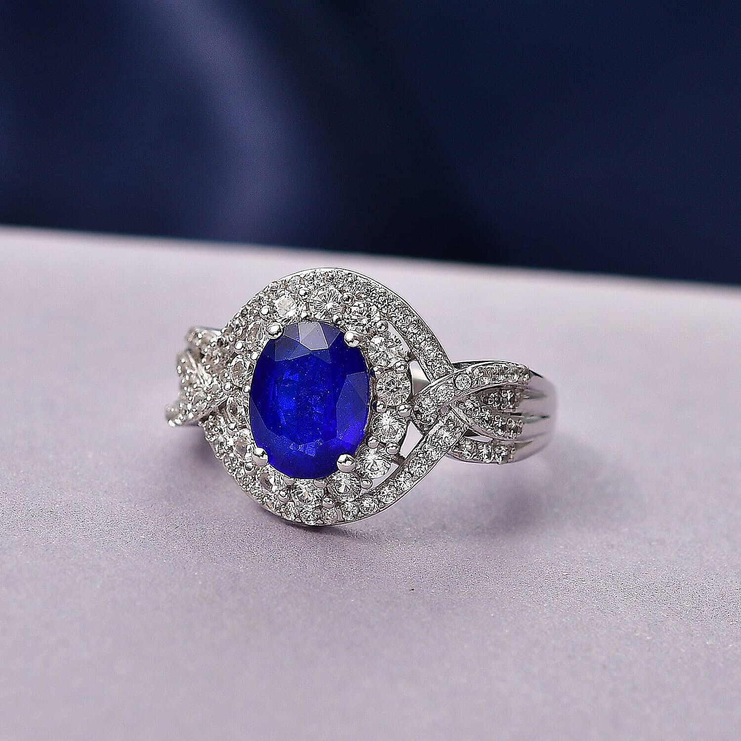 TLV D'Joy Premium Tanzanian Blue Spinel, White Zircon Ring in Rhodium Over Sterling Silver (Size 6.0) 3.70 ctw