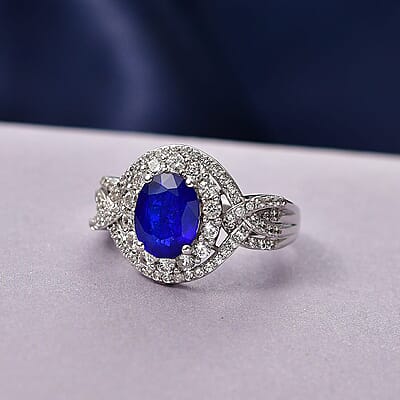 TLV D'Joy Premium Tanzanian Blue Spinel, White Zircon Ring in Rhodium Over Sterling Silver (Size 6.0) 3.70 ctw