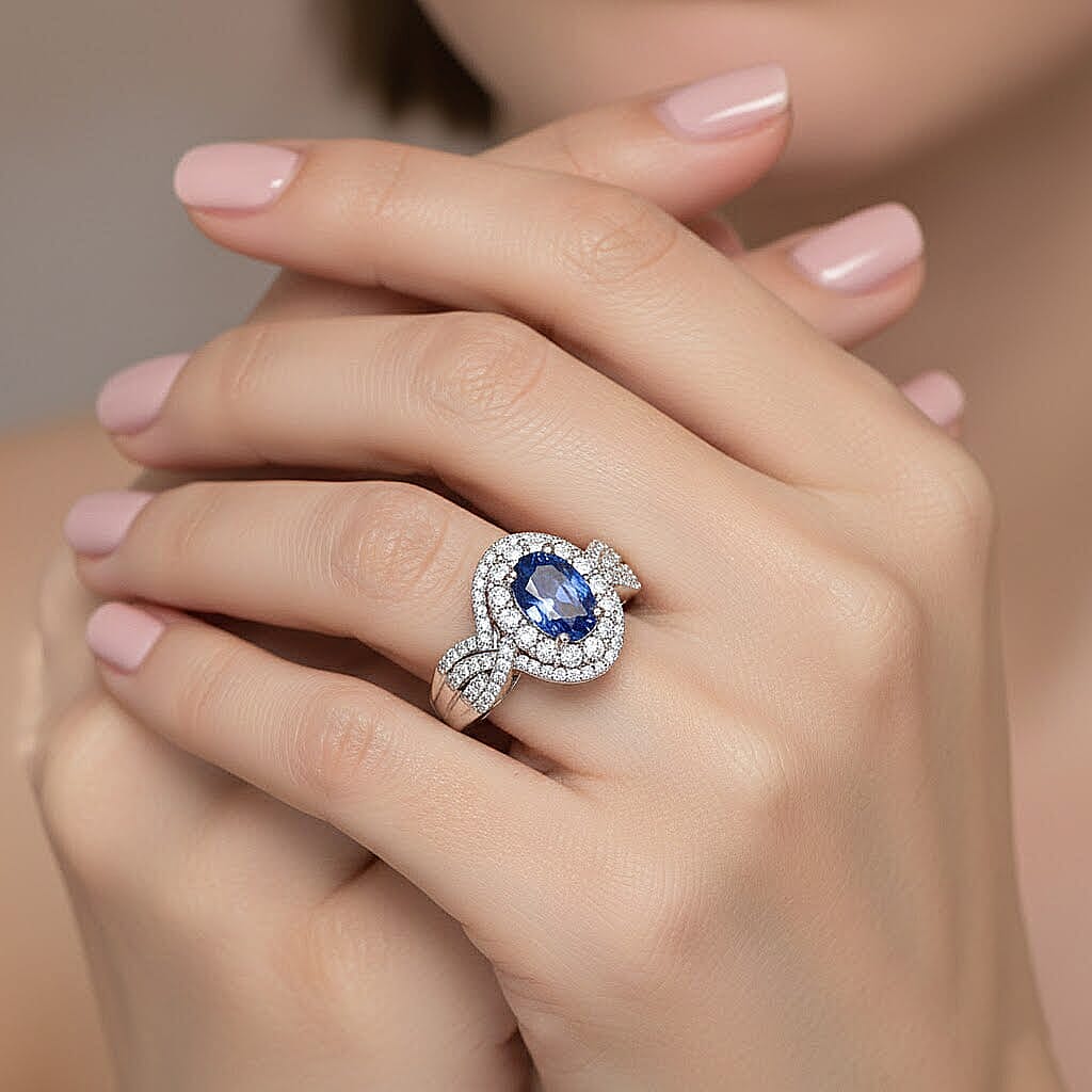 TLV D'Joy Premium Tanzanian Blue Spinel, White Zircon Ring in Rhodium Over Sterling Silver (Size 6.0) 3.70 ctw
