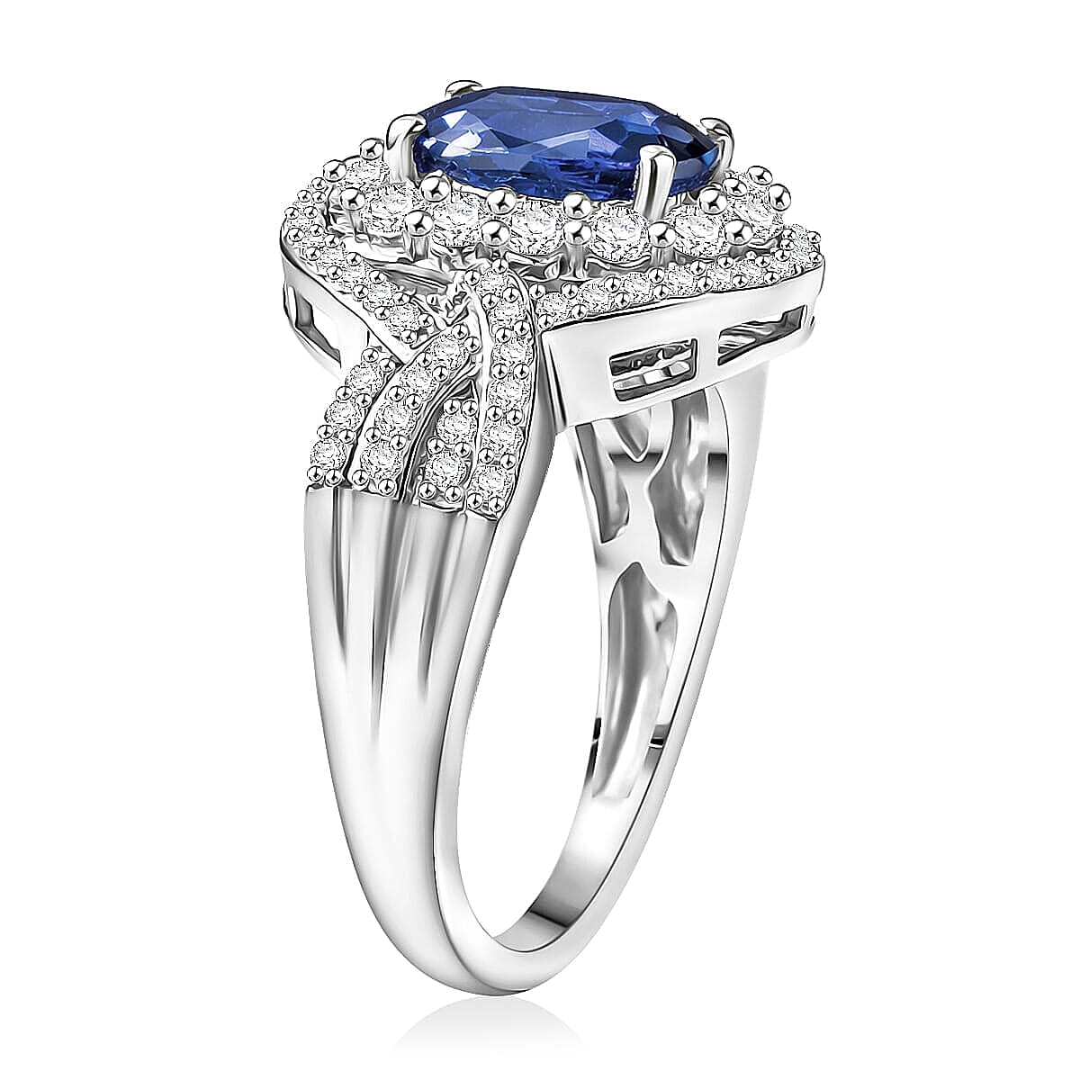 TLV D'Joy Premium Tanzanian Blue Spinel, White Zircon Ring in Rhodium Over Sterling Silver (Size 6.0) 3.70 ctw