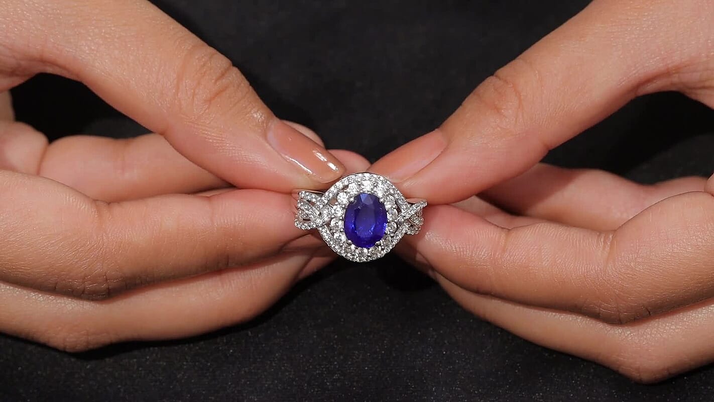 D'Joy Premium Tanzanian Blue Spinel, White Zircon Ring in Rhodium Over Sterling Silver (Size 10.0) 3.70 ctw