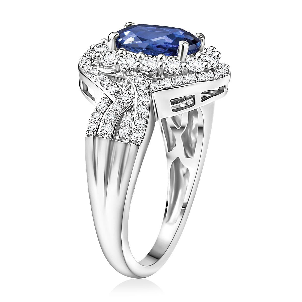 D'Joy Premium Tanzanian Blue Spinel and White Zircon 3.70 ctw Ring in Rhodium Over Sterling Silver (Size 7.0) image number 3