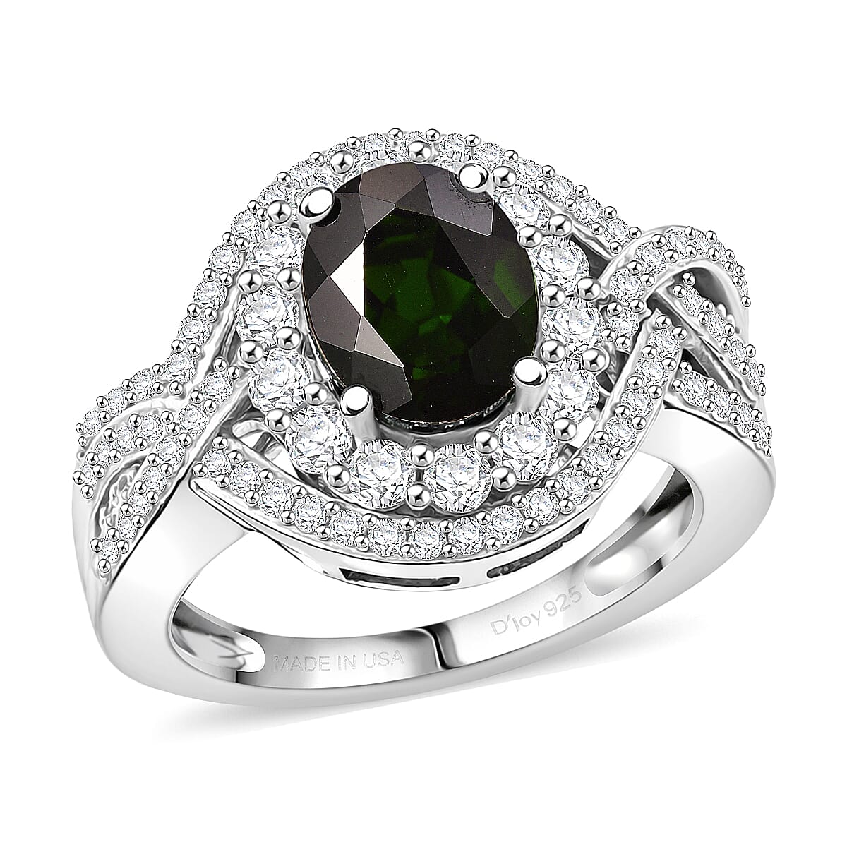 D'Joy Premium Chrome Diopside and White Zircon 3.40 ctw Beaded Mirror Ring in Rhodium Over Sterling Silver (Size 5.0)