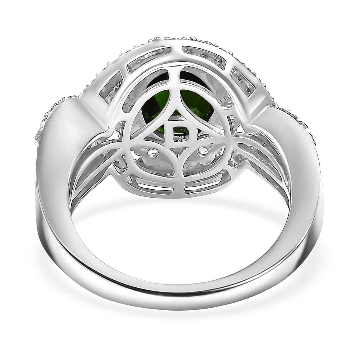 D'Joy Premium Chrome Diopside and White Zircon 3.40 ctw Beaded Mirror Ring in Rhodium Over Sterling Silver (Size 5.0)