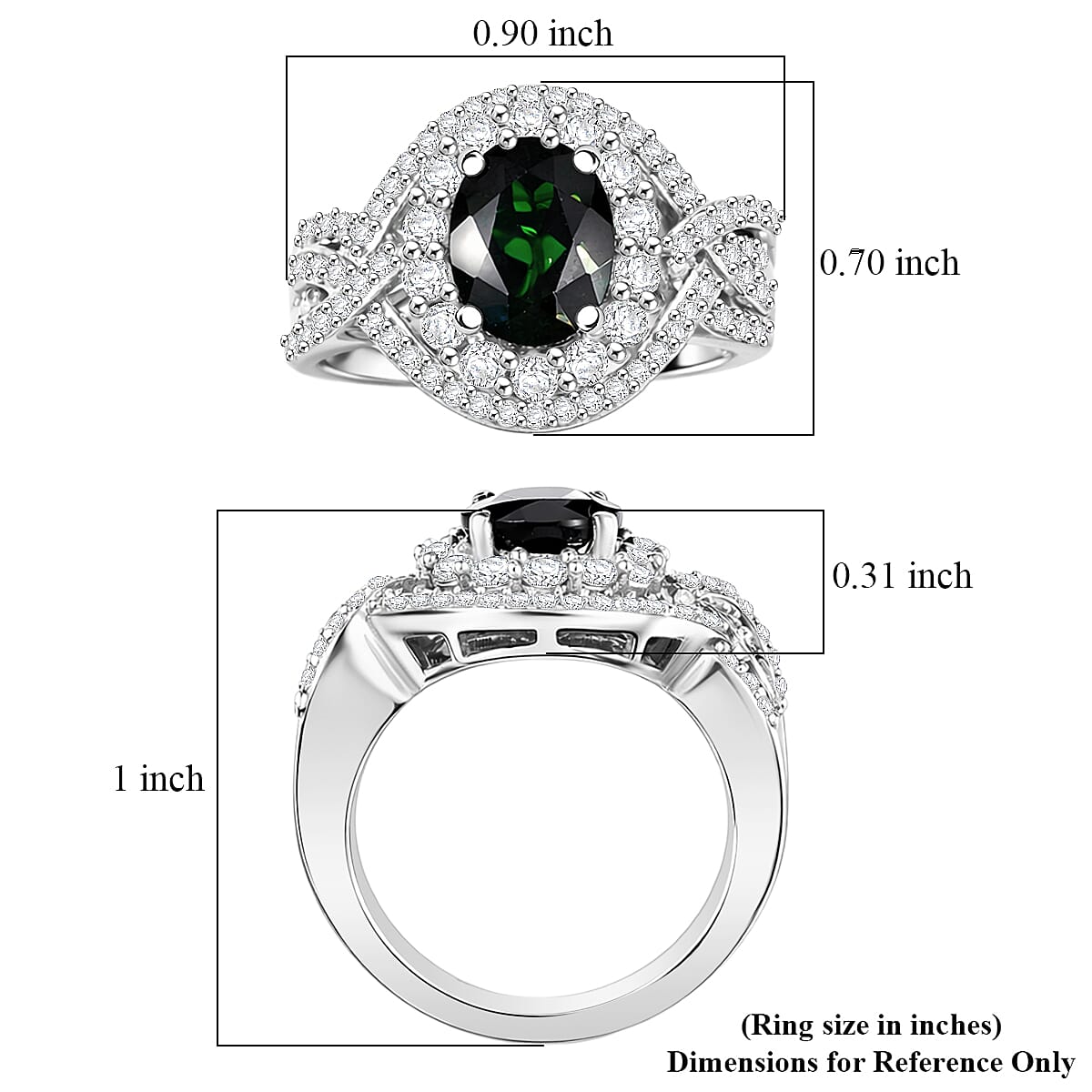 D'Joy Premium Chrome Diopside and White Zircon 3.40 ctw Beaded Mirror Ring in Rhodium Over Sterling Silver (Size 5.0)