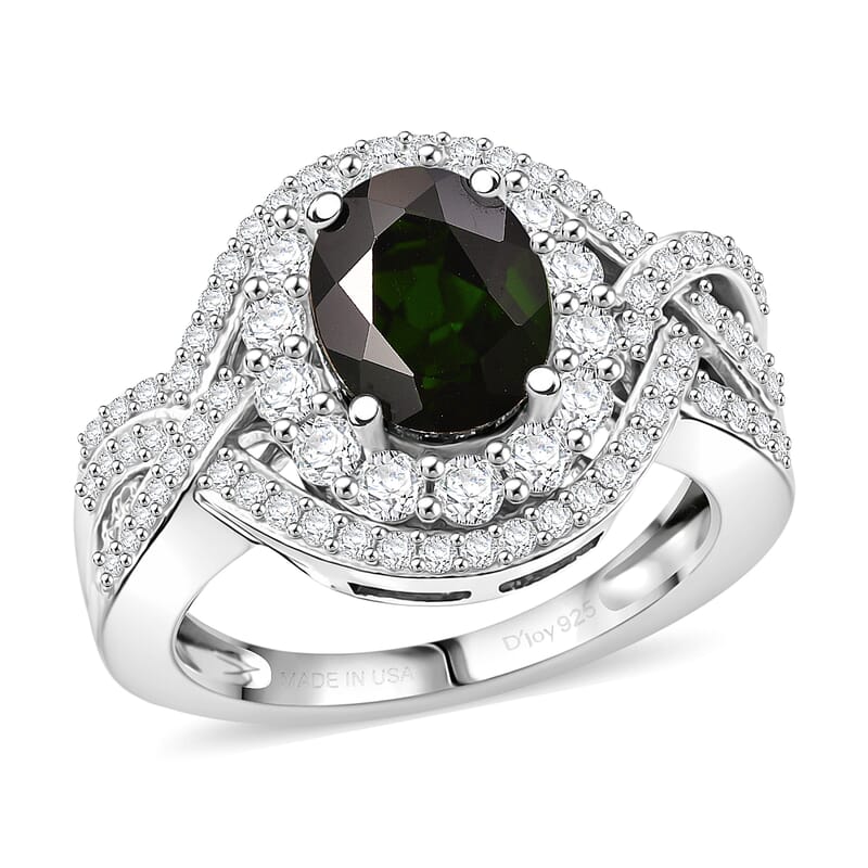 D'Joy Premium Chrome Diopside and White Zircon 3.40 ctw Beaded Mirror Ring in Rhodium Over Sterling Silver (Size 6.0)