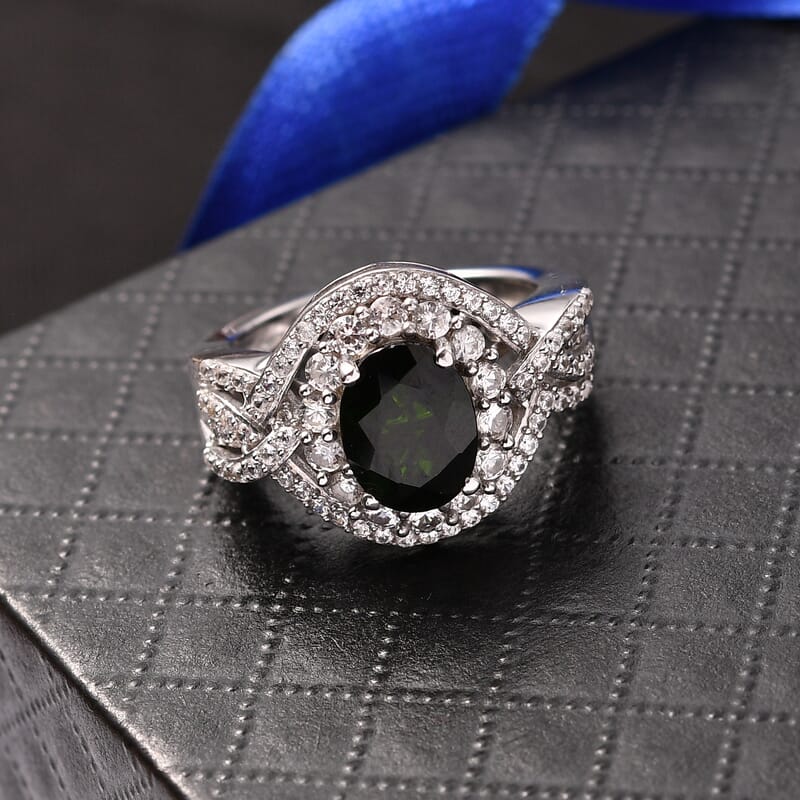 D'Joy Premium Chrome Diopside and White Zircon 3.40 ctw Beaded Mirror Ring in Rhodium Over Sterling Silver (Size 6.0)
