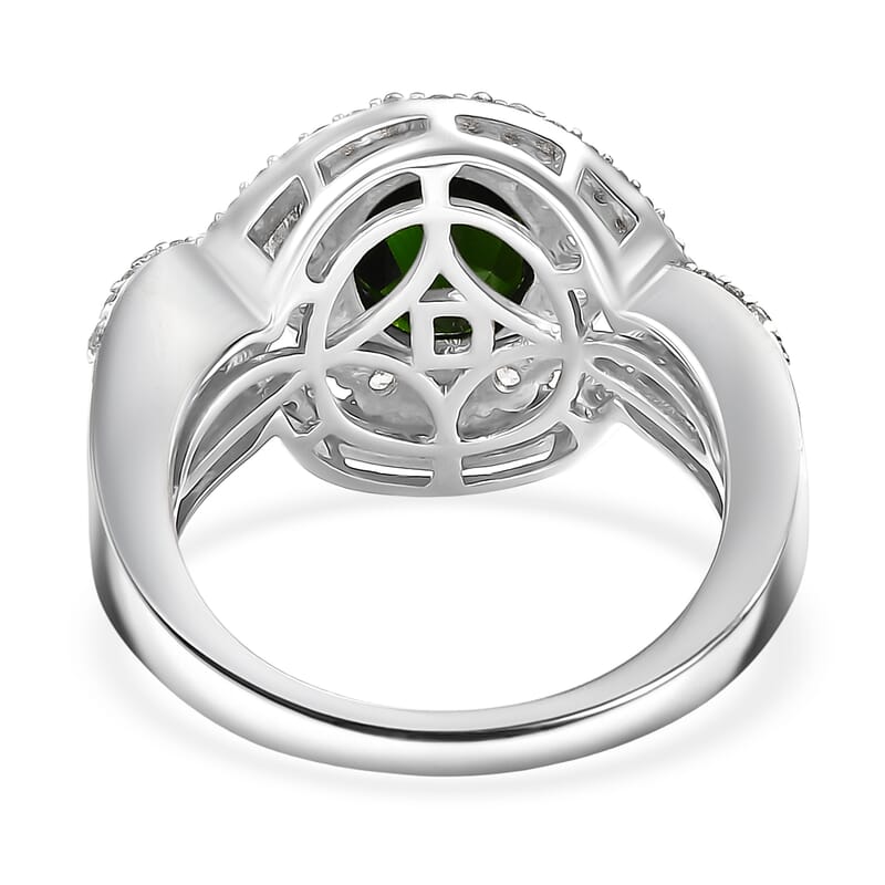 D'Joy Premium Chrome Diopside and White Zircon 3.40 ctw Beaded Mirror Ring in Rhodium Over Sterling Silver (Size 6.0)