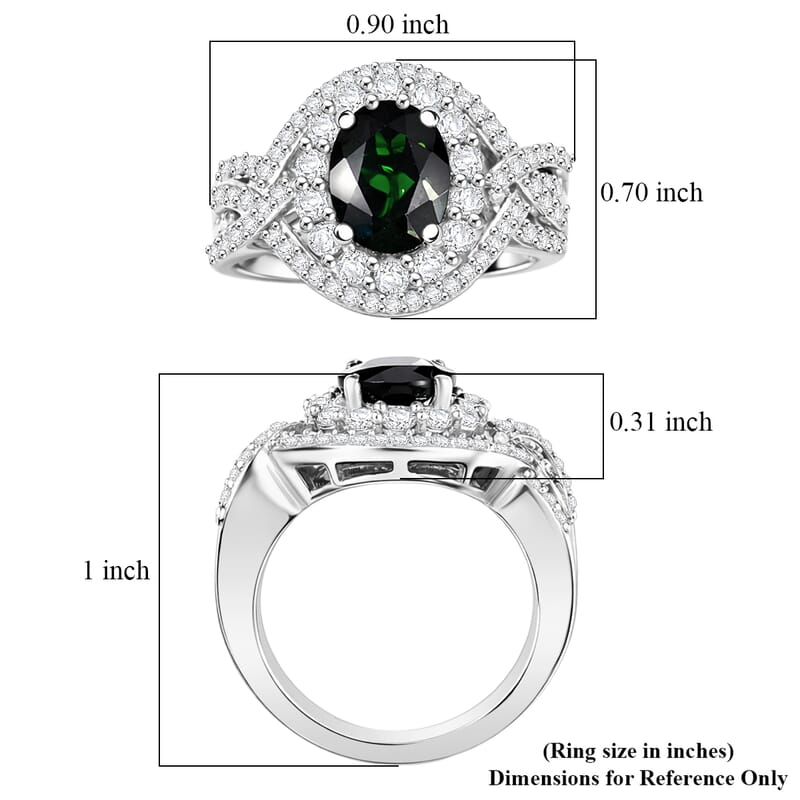 D'Joy Premium Chrome Diopside and White Zircon 3.40 ctw Beaded Mirror Ring in Rhodium Over Sterling Silver (Size 6.0)