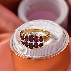 D'Joy Premium Anthill Garnet and Moissanite 2.20 ctw Heritage Bloom Ring in 18K Vermeil YG and Rhodium Over Sterling Silver (Size 10.0)